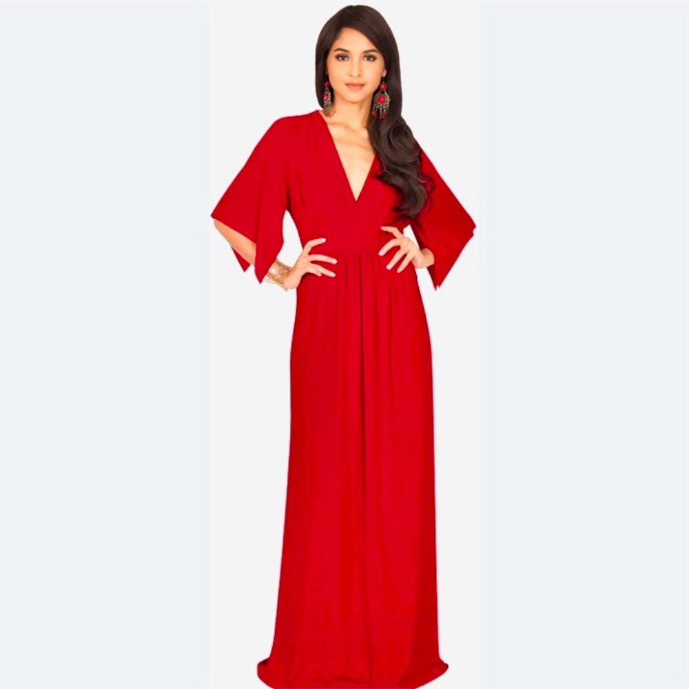 Koh Koh Women’s Red Empire Waist Half Sleeve Flowing Maxi Dress Size Small